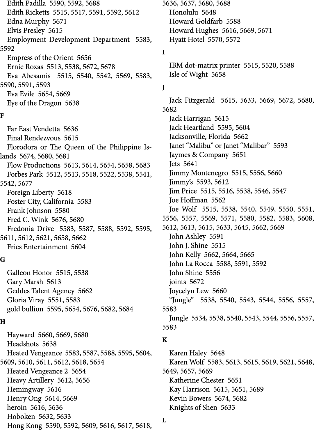 Edith Padilla 5590, 5592, 5688 Edith Ricketts 5515, 5517, 5591, 5592, 5612 Edna Murphy 5671 Elvis Presley 5615 Employ...