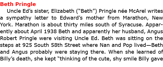 Beth Pringle Uncle Ed’s sister, Elizabeth (“Beth”) Pringle n e McArel writes a sympathy letter to Edward’s mother fro...