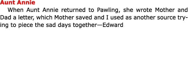 Aunt Annie When Aunt Annie returned to ﻿Pawling, she wrote Mother and Dad a letter, which Mother saved and I used as ...