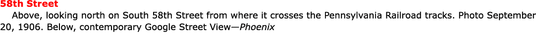 58th Street Above, looking north on South 58th Street from where it crosses the Pennsylvania Railroad tracks. Photo S...