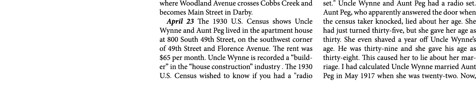 where ﻿Woodland Avenue crosses ﻿Cobbs Creek and becomes Main Street in ﻿Darby. April 23 The 1930 U.S. Census shows Un...