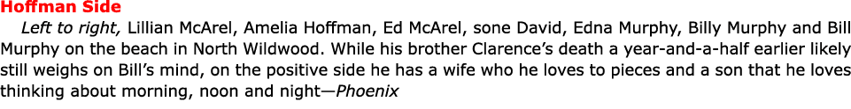 Hoffman Side Left to right, Lillian McArel, Amelia Hoffman, Ed McArel, sone David, Edna Murphy, Billy Murphy and Bill...