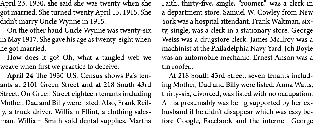 April 23, 1930, she said she was twenty when she got married. She turned twenty April 15, 1915. She didn’t marry Uncl...