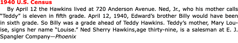 1940 U.S. Census By April 12 the Hawkins lived at 720 Anderson Avenue. Ned, Jr., who his mother calls “Teddy” is elev...