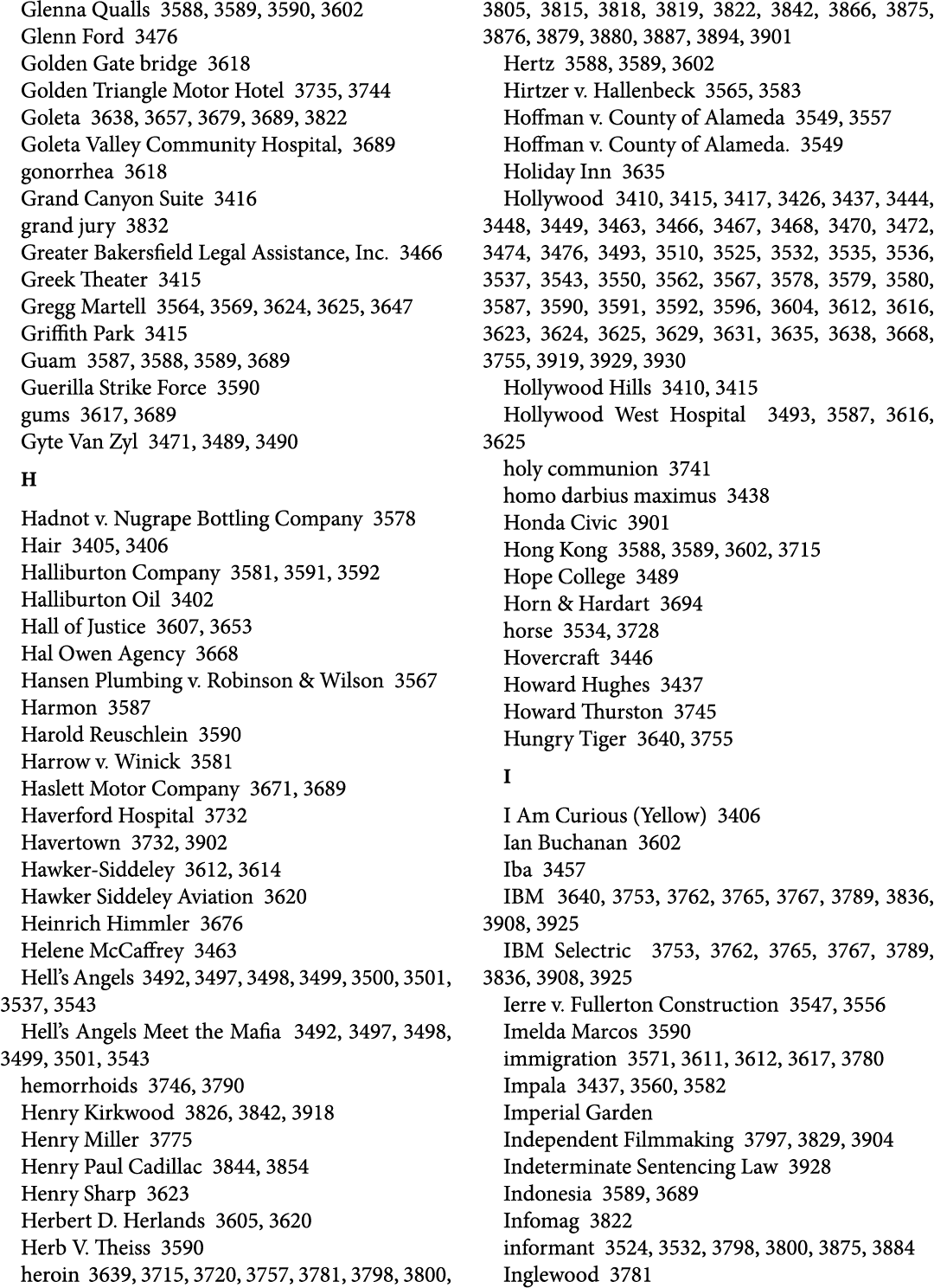 Glenna Qualls 3588, 3589, 3590, 3602 Glenn Ford 3476 Golden Gate bridge 3618 Golden Triangle Motor Hotel 3735, 3744 G...