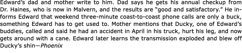 Edward’s dad and mother write to him. Dad says he gets his annual checkup from Dr. Haines, who is now in Malvern, and...