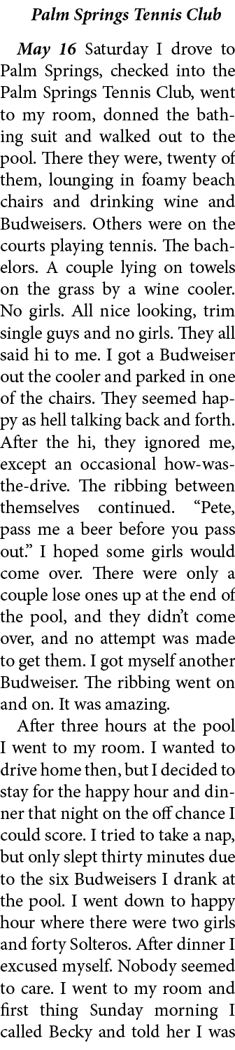 Palm Springs Tennis Club May 16 Saturday I drove to ﻿Palm Springs, checked into the Palm Springs Tennis Club, went to...