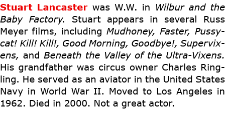 Stuart Lancaster was W.W. in ﻿﻿Wilbur and the Baby Factory. Stuart appears in several Russ Meyer films, including ﻿M...