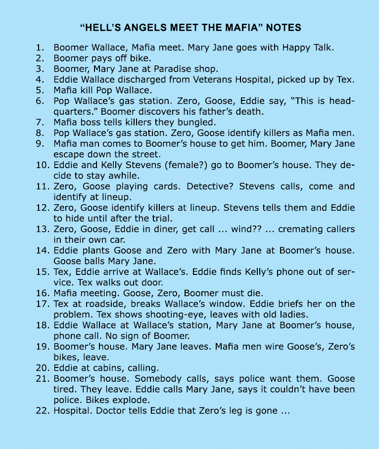  “﻿﻿Hell’s Angels Meet the Mafia” Notes 1. ﻿Boomer Wallace, Mafia meet. Mary Jane goes with Happy Talk. 2. Boomer pay...