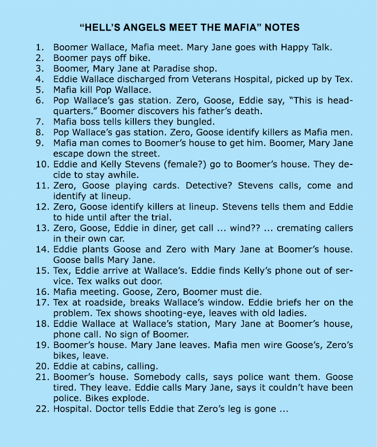  “﻿﻿Hell’s Angels Meet the Mafia” Notes 1. ﻿Boomer Wallace, Mafia meet. Mary Jane goes with Happy Talk. 2. Boomer pay...