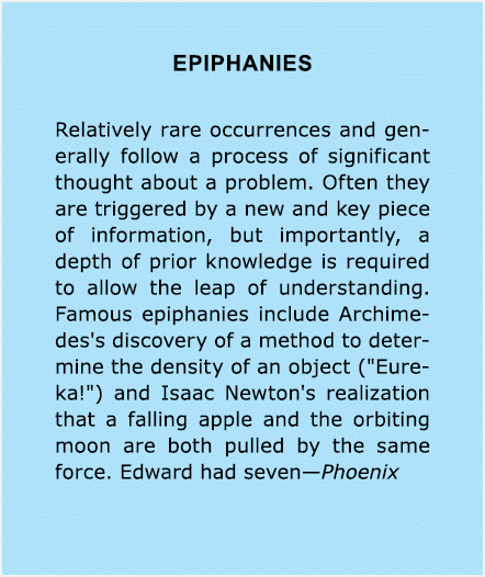 Epiphanies Relatively rare occurrences and generally follow a process of significant thought about a problem. Often t...