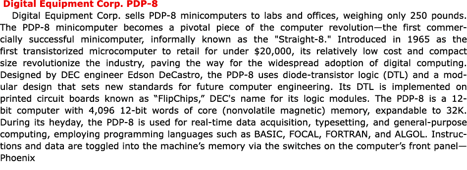  ﻿﻿Digital Equipment Corp. PDP-8 Digital Equipment Corp. sells PDP-8 minicomputers to labs and offices, weighing only...