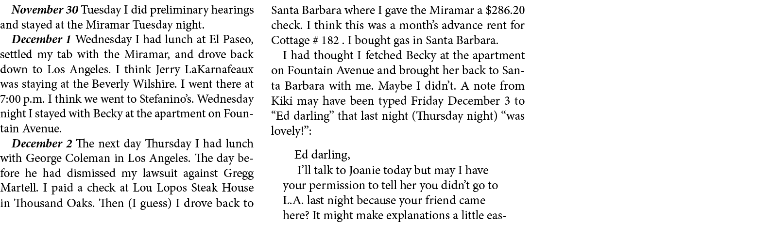 November 30 Tuesday I did preliminary hearings and stayed at the Miramar Tuesday night. December 1 Wednesday I had lu...
