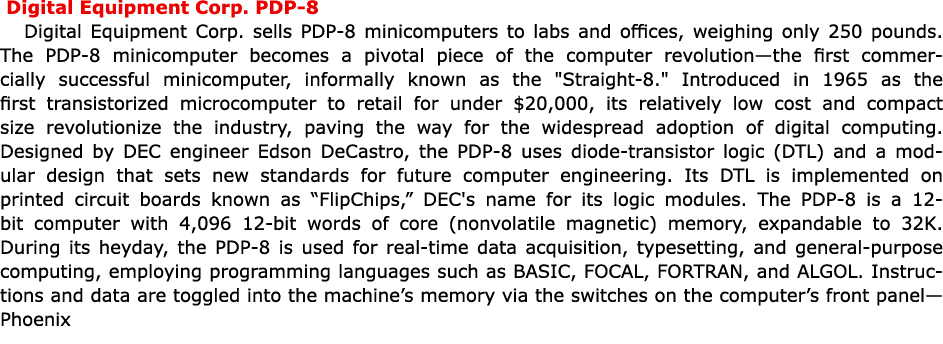  ﻿﻿Digital Equipment Corp. PDP 8 Digital Equipment Corp. sells PDP 8 minicomputers to labs and offices, weighing only...