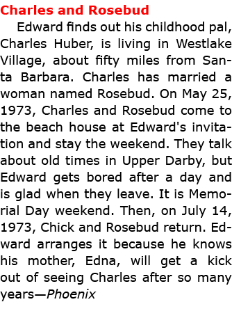 Charles and ﻿Rosebud Edward finds out his childhood pal, Charles Huber, is living in Westlake Village, about fifty mi...