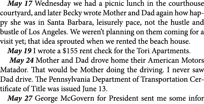 May 17 Wednesday we had a picnic lunch in the courthouse courtyard, and later Becky wrote Mother and Dad again how ha...