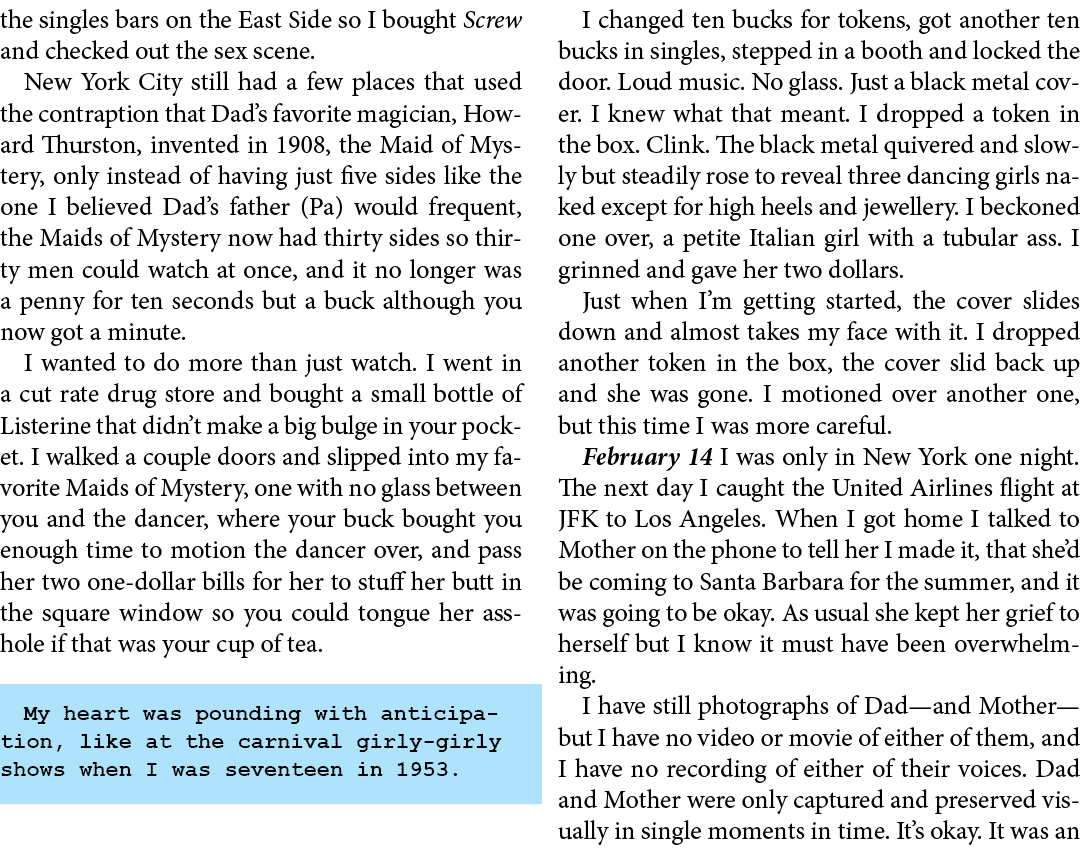 the ﻿singles bars on the ﻿﻿East Side so I bought ﻿﻿Screw and checked out the sex scene. New York City still had a few...