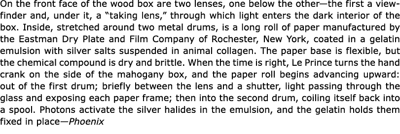 On the front face of the wood box are two lenses, one below the other—the first a viewfinder and, under it, a “taking...