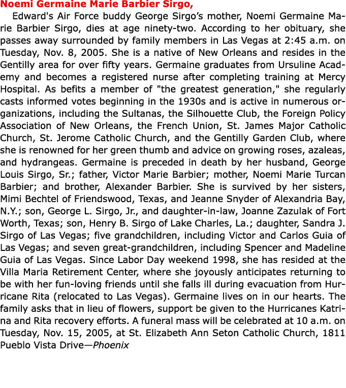 Noemi Germaine Marie Barbier Sirgo, Edward's Air Force buddy George Sirgo’s mother, Noemi Germaine Marie Barbier Sirg...