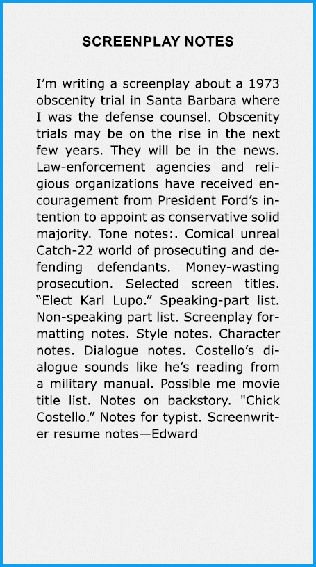 Screenplay Notes I’m writing a ﻿screenplay about a 1973 obscenity trial in ﻿Santa Barbara where I was the defense cou...