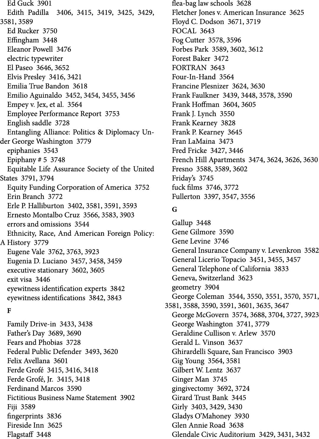 Ed Guck 3901 Edith Padilla 3406, 3415, 3419, 3425, 3429, 3581, 3589 Ed Rucker 3750 Effingham 3448 Eleanor Powell 3476...