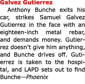 Galvez Gutierrez Anthony Bunche exits his car, strikes Samuel Galvez Gutierrez in the face with an eighteen-inch meta...