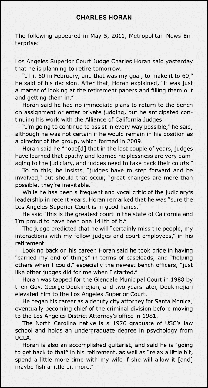 Charles Horan The following appeared in May 5, 2011, Metropolitan News-Enterprise: Los Angeles Superior Court Judge C...