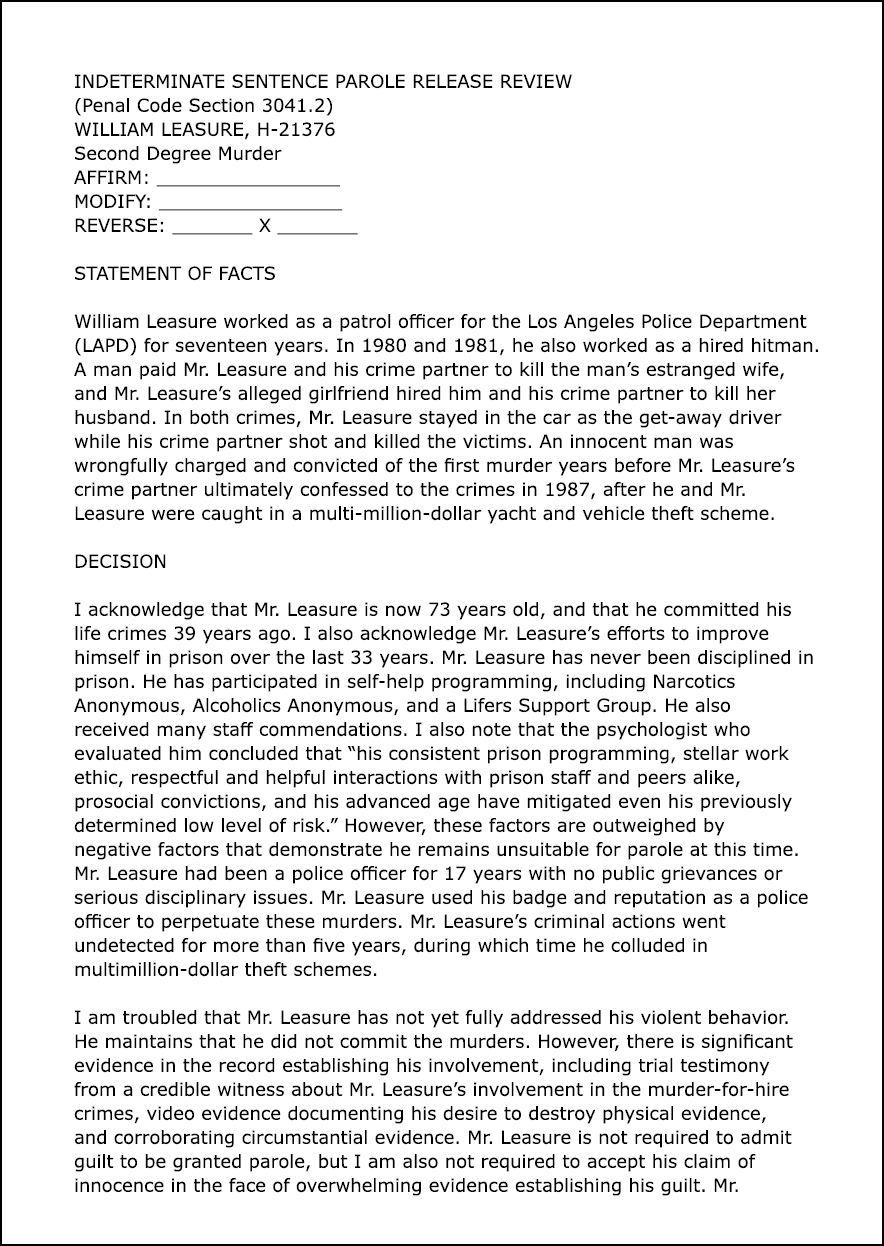  INDETERMINATE SENTENCE PAROLE RELEASE REVIEW (Penal Code Section 3041.2) WILLIAM LEASURE, H-21376 Second Degree Murd...
