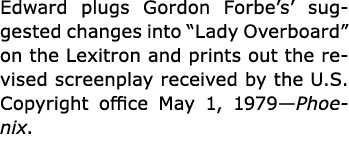 Edward plugs Gordon Forbe’s’ suggested changes into “Lady Overboard” on the Lexitron and prints out the revised scree...