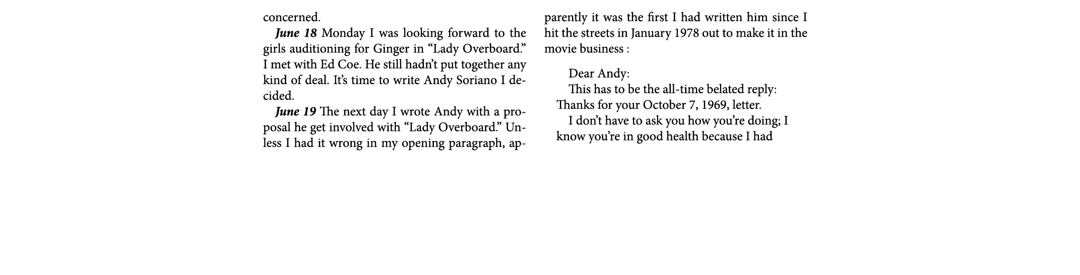 concerned. June 18￼ Monday I was looking forward to the girls auditioning for Ginger in “Lady Overboard.” I met with ...