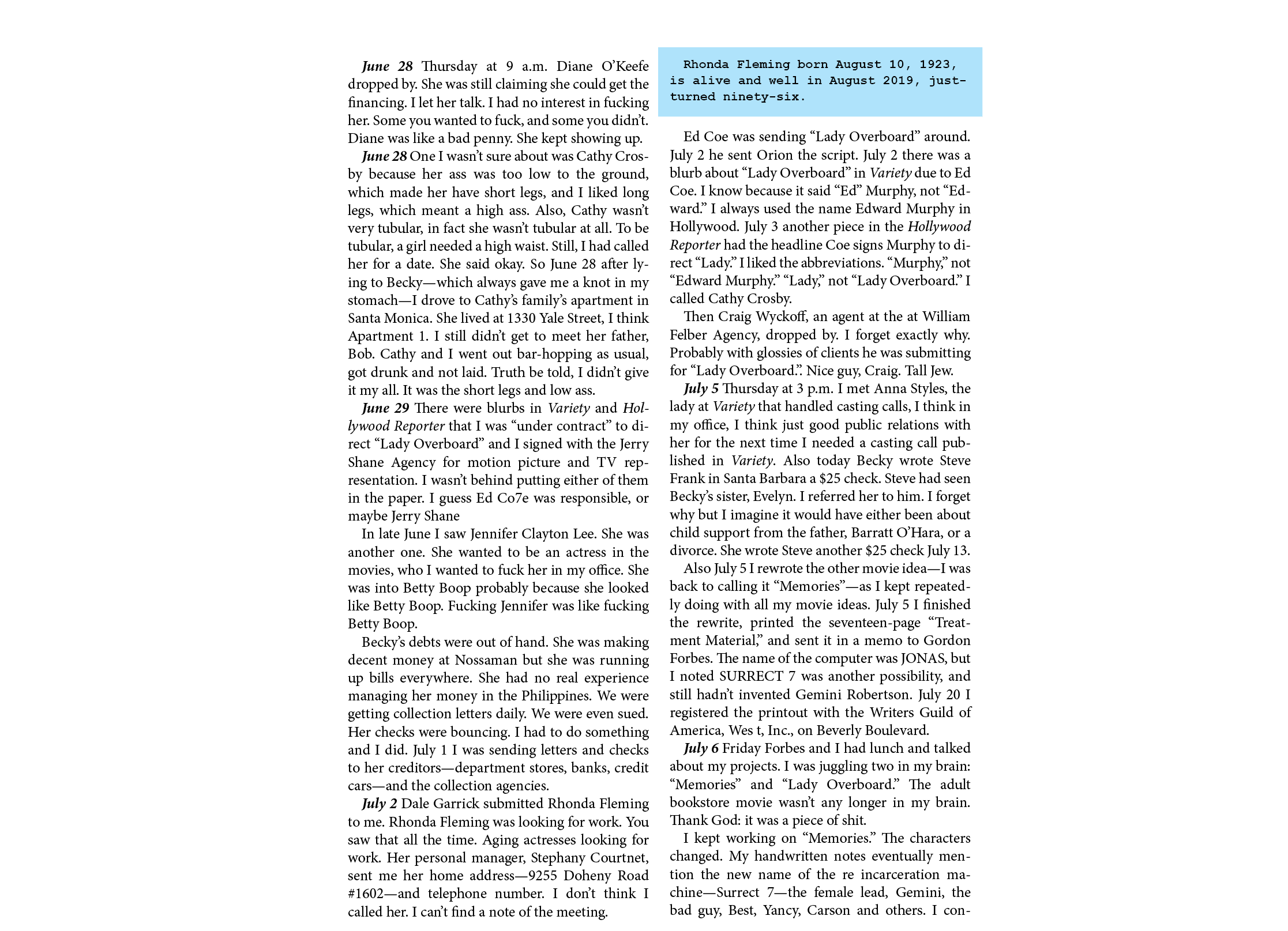June 28￼ Thursday at 9 a.m. ﻿Diane O’Keefe dropped by. She was still claiming she could get the financing. I let her ...