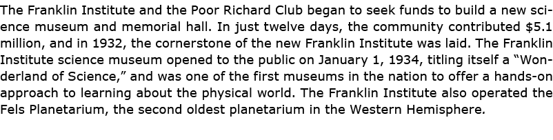 The Franklin Institute and the Poor Richard Club began to seek funds to build a new science museum and memorial hall....