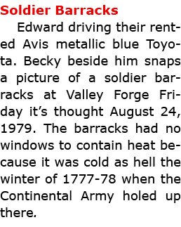 Soldier Barracks Edward driving their rented Avis metallic blue Toyota. Becky beside him snaps a picture of a soldier...