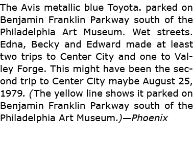 The Avis metallic blue Toyota. parked on Benjamin Franklin Parkway south of the Philadelphia Art Museum. Wet streets....