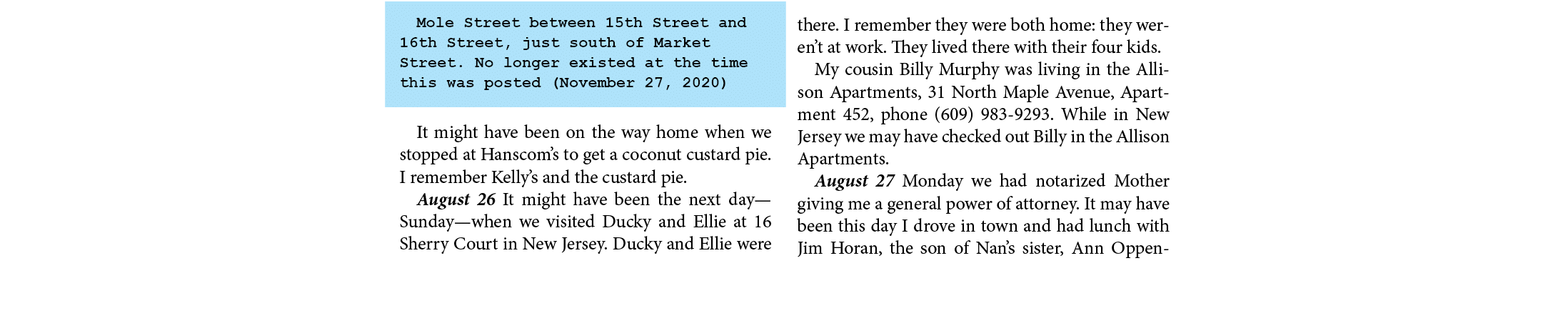 Mole Street between 15th Street and 16th Street, just south of Market Street. No longer existed at the time this was ...