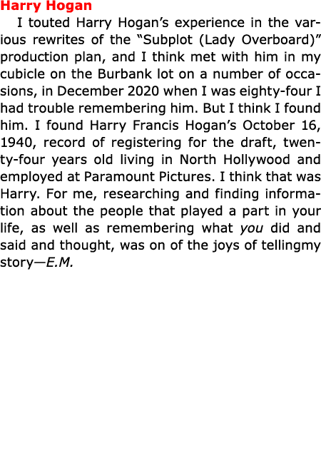 Harry Hogan I touted Harry Hogan’s experience in the various rewrites of the “Subplot (Lady Overboard)” production pl...