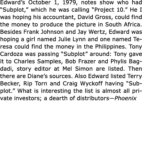 Edward’s October 1, 1979, notes show who had “Subplot,” which he was calling “Project 10.” He I was hoping his accoun...