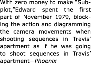 With zero money to make “Subplot,”Edward spent the first part of November 1979, blocking the action and diagramming t...