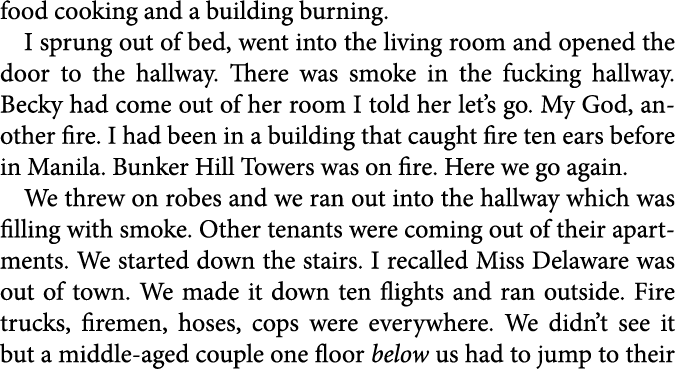 food cooking and a building burning. I sprung out of bed, went into the living room and opened the door to the hallwa...