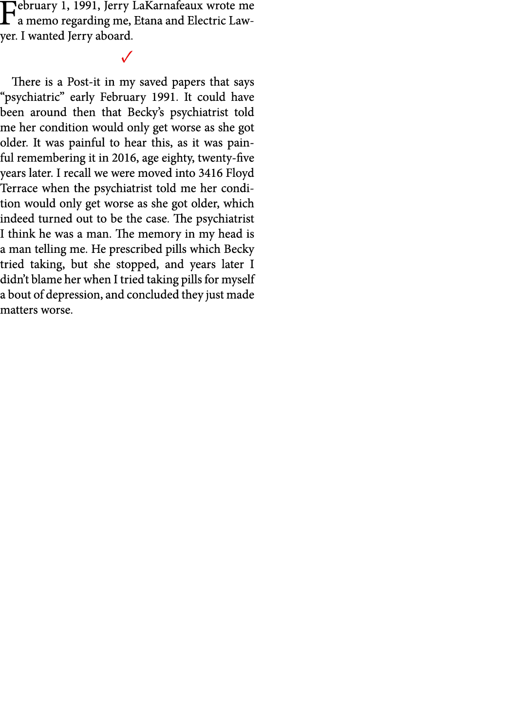 February 1, 1991, Jerry LaKarnafeaux wrote me a memo regarding me, ﻿Etana and ﻿Electric Lawyer. I wanted Jerry aboard...