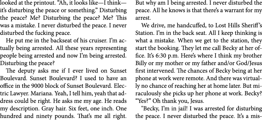 looked at the printout. “Ah, it looks like—I think—it’s disturbing the peace or something.” Disturbing the peace? Me?...