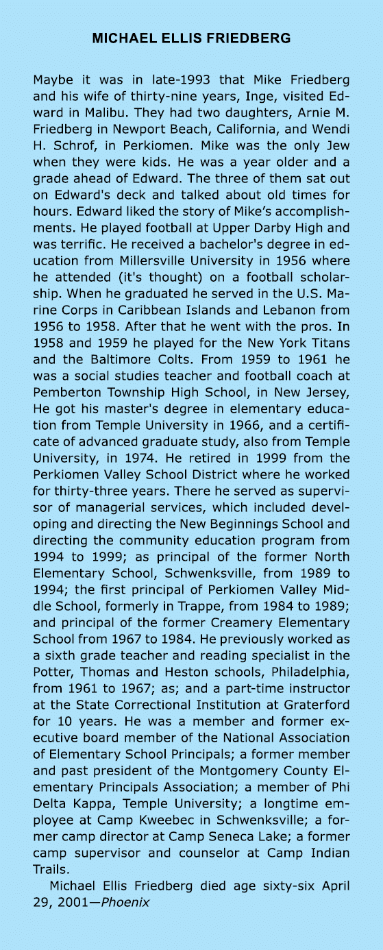 Michael Ellis Friedberg Maybe it was in late 1993 that Mike Friedberg and his wife of thirty nine years, Inge, visite...