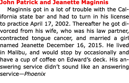 John Patrick and ﻿Jeanette Maginnis Maginnis got in a lot of trouble with the California state bar and had to turn i...