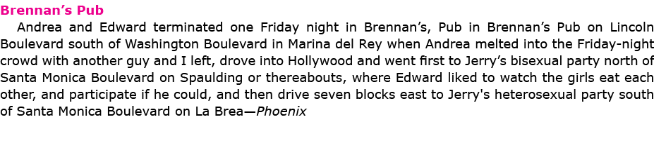 Brennan’s Pub Andrea and Edward terminated one Friday night in Brennan’s, Pub in Brennan’s Pub on Lincoln Boulevard s...