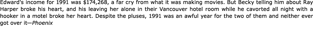 Edward's income for 1991 was $174,268, a far cry from what it was making movies. But Becky telling him about Ray Harp...
