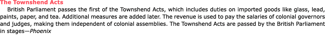 The ﻿Townshend Acts British ﻿Parliament passes the first of the ﻿Townshend Acts, which includes duties on imported go...