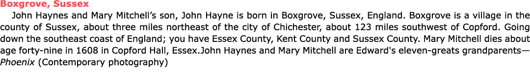 ﻿Boxgrove, Sussex John Haynes and ﻿Mary Mitchell’s son, ﻿John Hayne is born in ﻿Boxgrove, ﻿Sussex, ﻿England. Boxgrov...