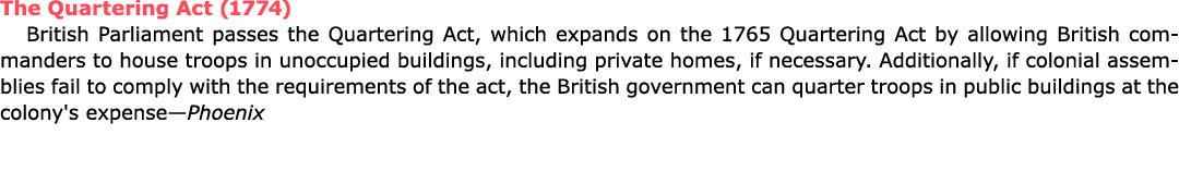 The ﻿﻿Quartering Act (1774) British ﻿Parliament passes the ﻿﻿Quartering Act, which expands on the 1765 ﻿﻿Quartering A...
