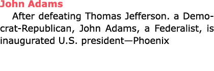 John Adams After defeating ﻿Thomas Jefferson. a ﻿Democrat Republican, ﻿John Adams, a ﻿Federalist, is inaugurated U.S...