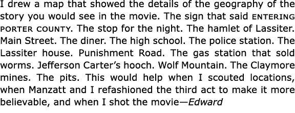 I drew a map that showed the details of the geography of the story you would see in the movie. The sign that said ent...